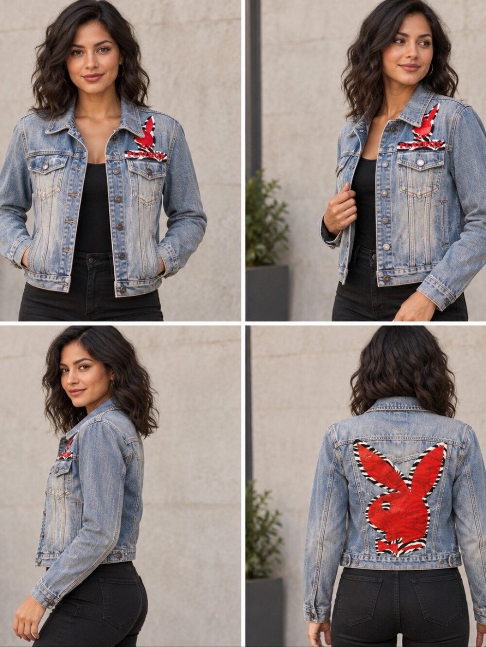 Upcycled Denim Jacket Red Playboy Bunny Appliqué Y2K Size Small